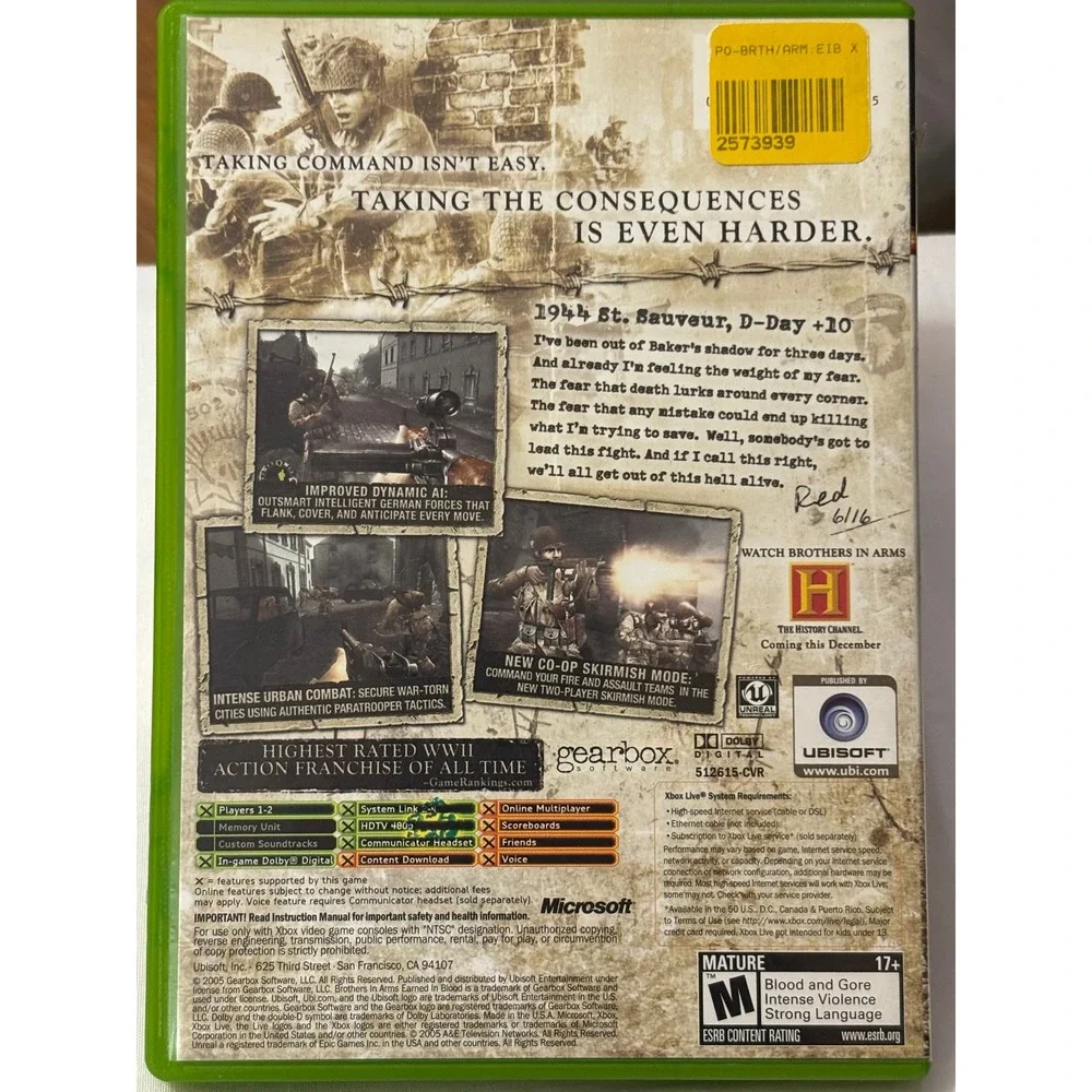 Xbox Brothers in Arms Earned in Blood Video Game Disc Complete CIB‎ *No Booklet*